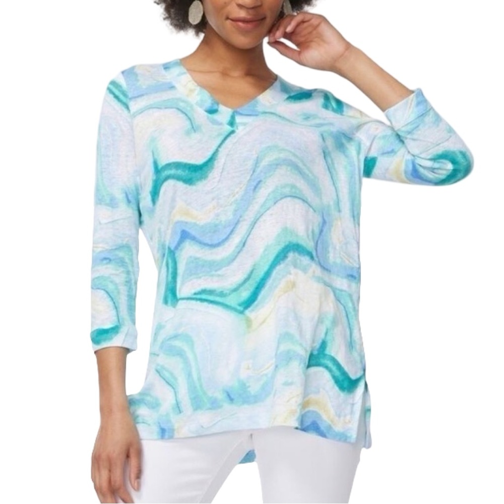 Chicos Linen Marble Print Top Beachy Coastal Boho Chic Resort Watercolor Summer